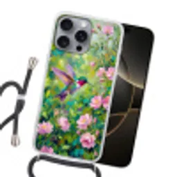 Kolibrie - Bloemen - Natuur - Kleurrijk Hoesje iPhone 16 Pro Max met koord klein -sfeer1