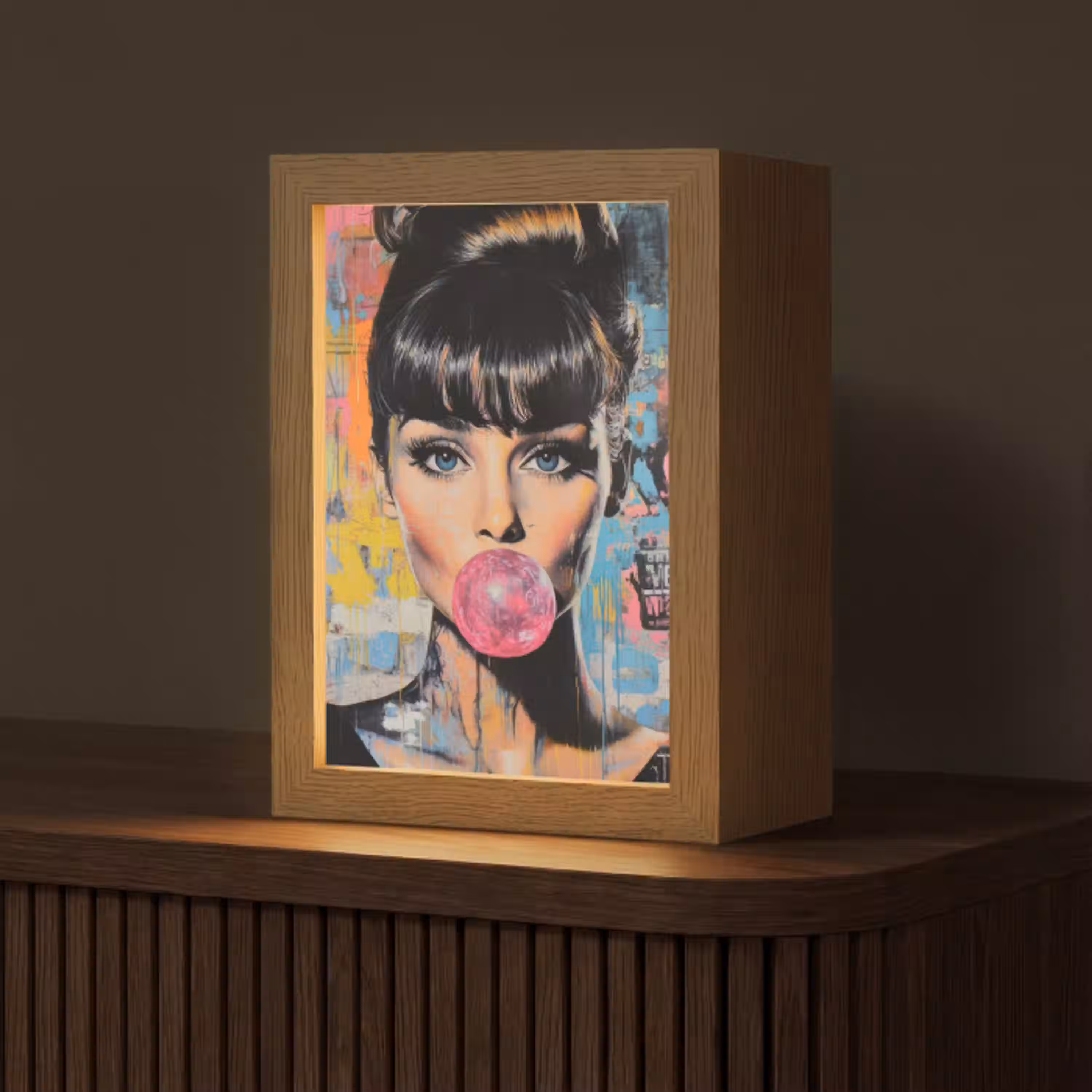 Kauwgom - Vrouw - Penseelstreken - Modern Light Box met kabel (Tafellamp) klein -z3d_website