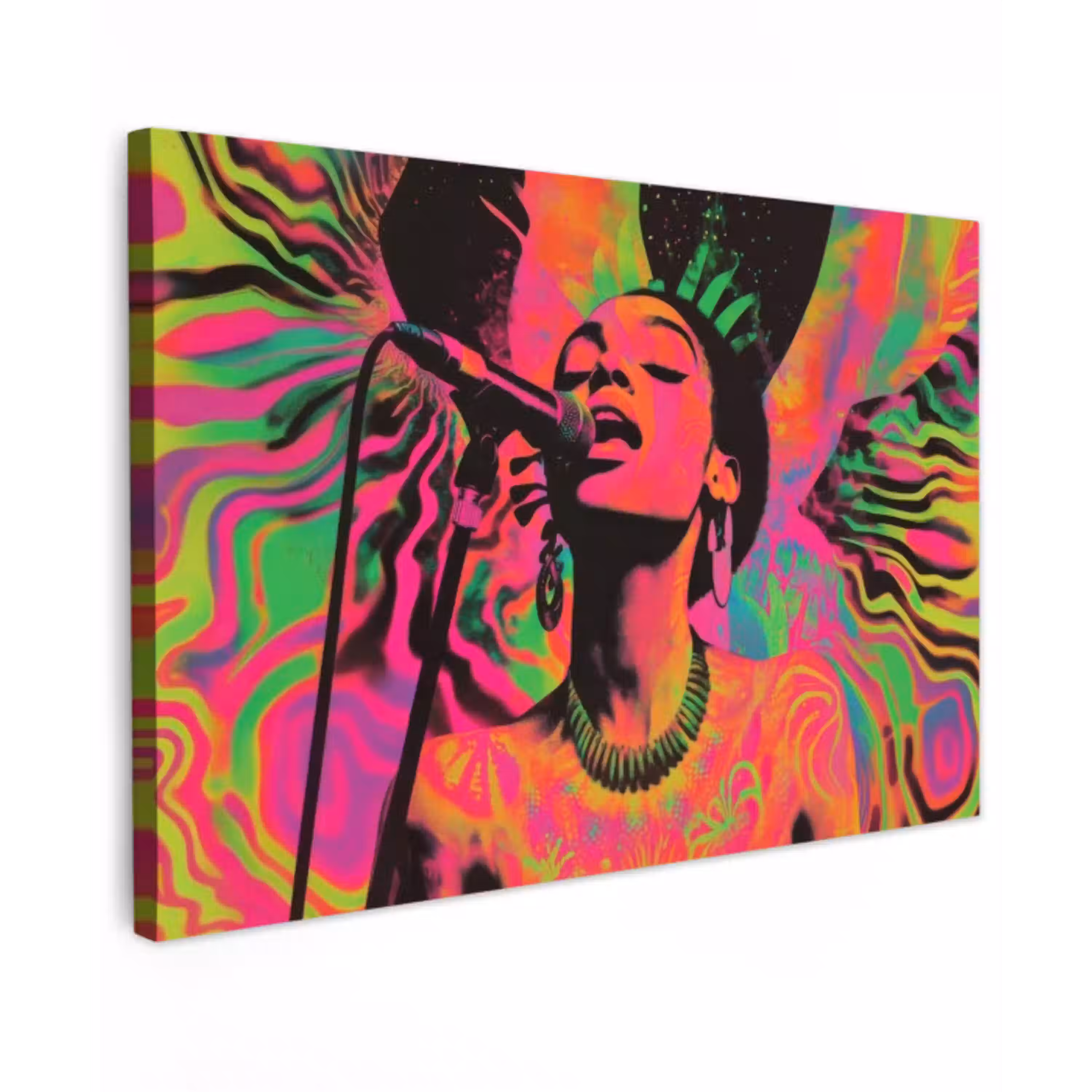 Vrouw - Microfoon - Neon Tuinposter op houten frame 2 cm dik klein -3d