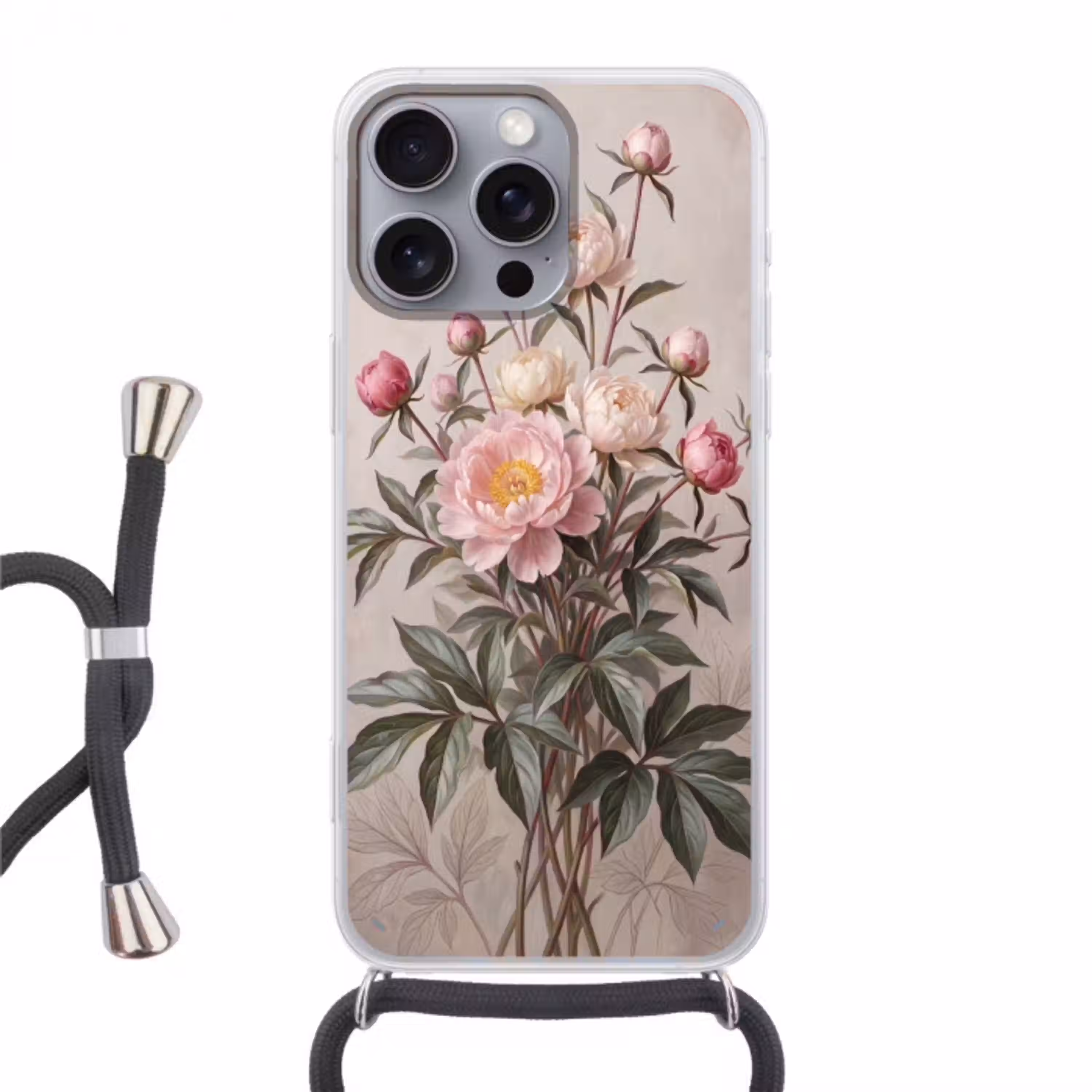 Pioenrozen - Boeket - Roze Hoesje iPhone 16 Pro Max met koord klein -3d