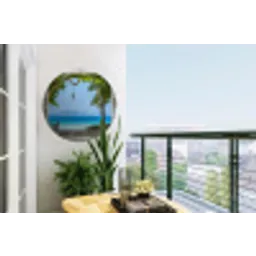Doorkijk - Boom - Zee - Palmboom - Heuvels - Strand - Blauw Wandcirkel tuinposter met ringen klein -buiten1