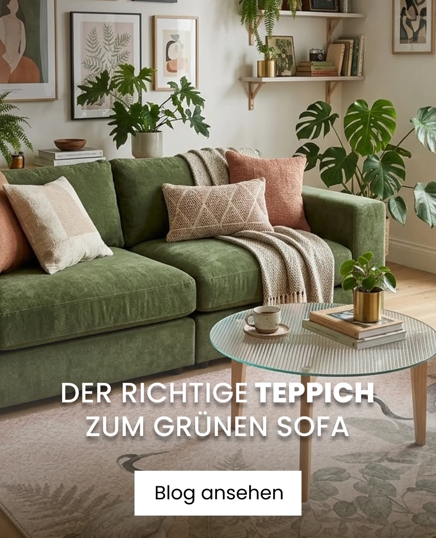 Teppich im Wohnzimmer bei grünem Sofa 