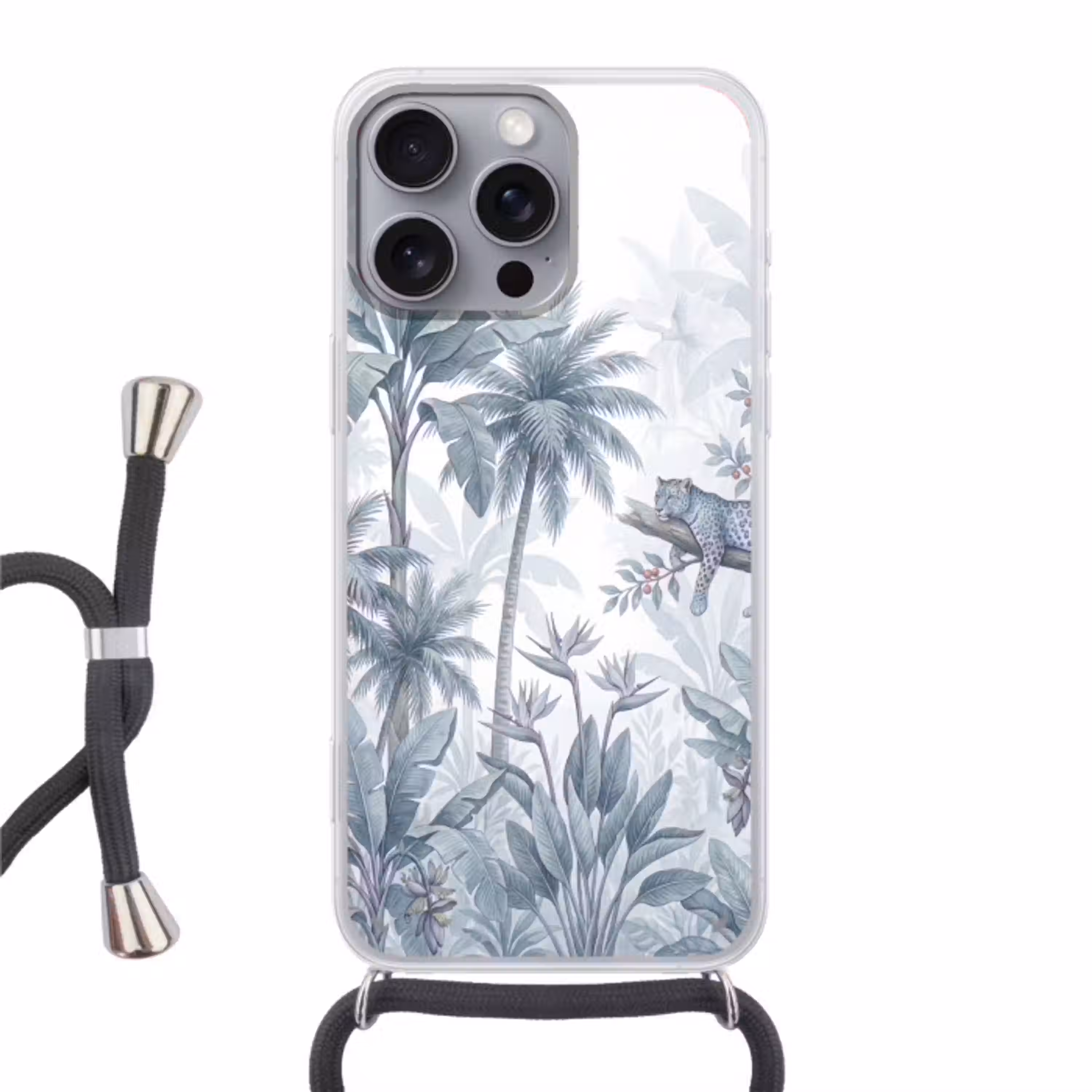 Kat - Tropisch bos - Modern - Grijs Hoesje iPhone 16 Pro Max met koord klein -3d