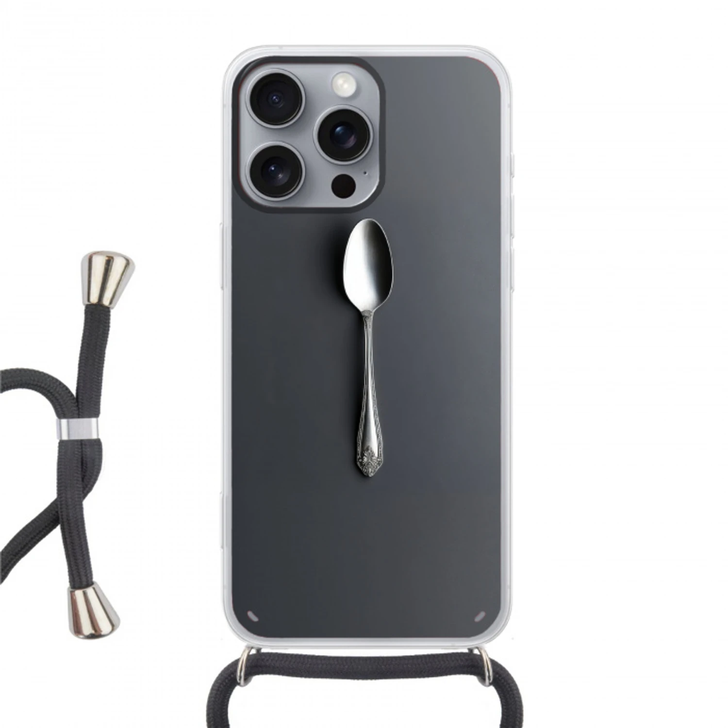 Zilver - Metaal - Lepel Hoesje iPhone 16 Pro Max met koord klein -3d