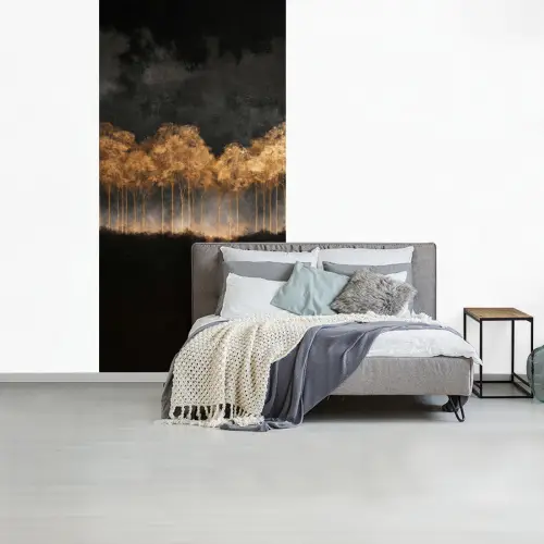 Gouden Bomen in Mistig Landschap fotobehang vinyl groot -slaapkamer