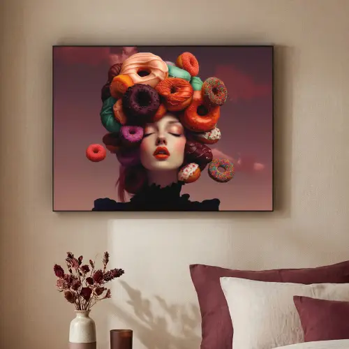 Vrouw - Donuts - Kleurrijk Textielframe zwart klein -sfeer1