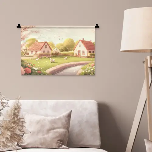 Schapen - Huisje - Platteland Wandkleed katoen klein -sfeer4