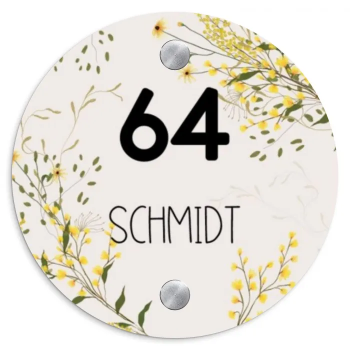 Gele bloemen - Modern Naambord Rond klein -3d