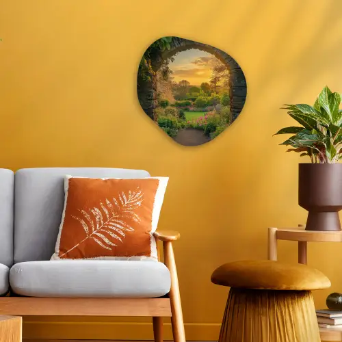 Poort - Planten - Zonsondergang Wandcirkel Organisch Forex 3mm klein -sfeer4