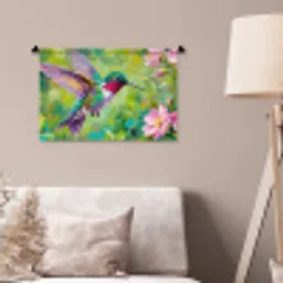 Kolibrie - Bloemen - Natuur - Kleurrijk Wandkleed katoen klein -sfeer4