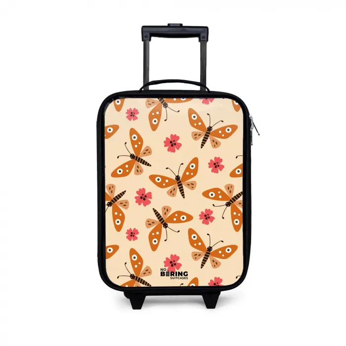 Oranje vlinders en roze bloemen op beige achtergrond Kinderkoffer - Zwart klein -3d