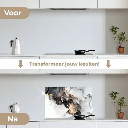 Marmer - Goud - Abstract - Zwart Wit - Luxe keuken achterwand spatscherm klein -voor_na_NL