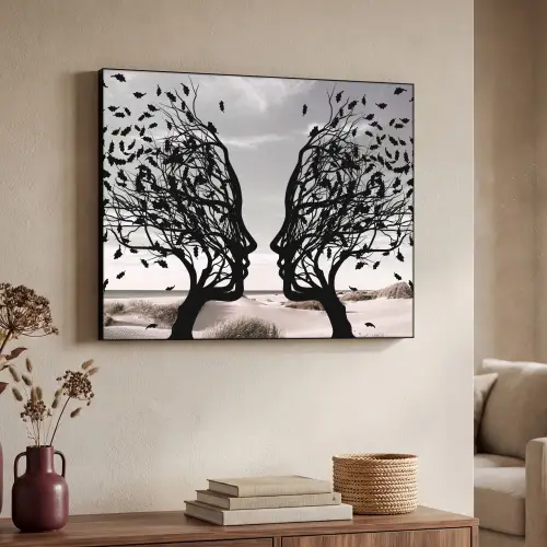 Bomen - Gezicht - Bladeren - Moderne kunst Textielframe zwart klein -sfeer3
