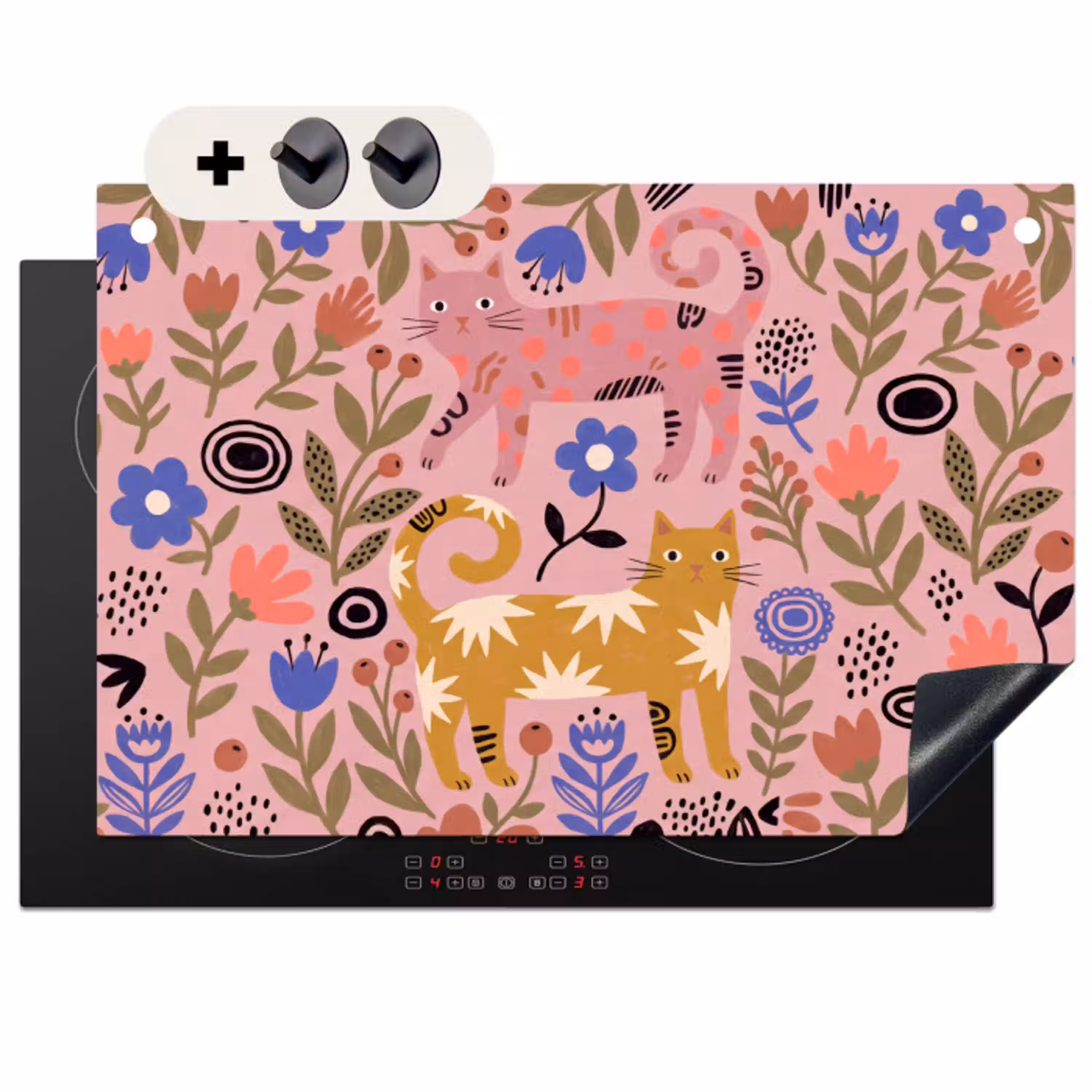 Kat - Bloemen - Dieren - Modern - Roze Inductie beschemer met haakjes klein -3d