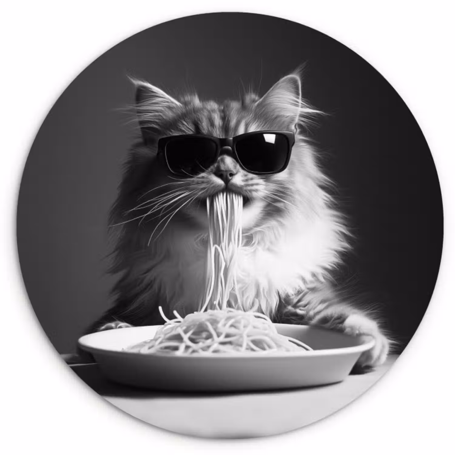 Muurcirkel glas - Langharige kat - Zonnebril - Spaghetti - Humor - Zwart - wit