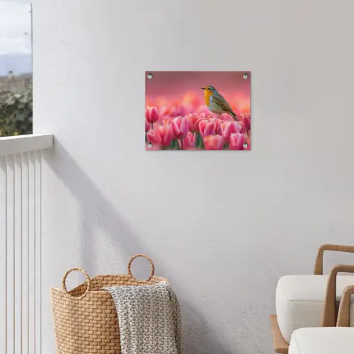 Roodborstje in Tulpenveld tuinposter los doek klein -sfeer8
