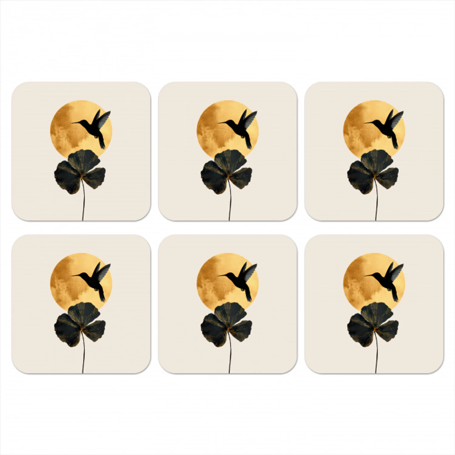Zwarte kolibrie - Bloem - Gouden cirkel onderzetter kurk middel -3d