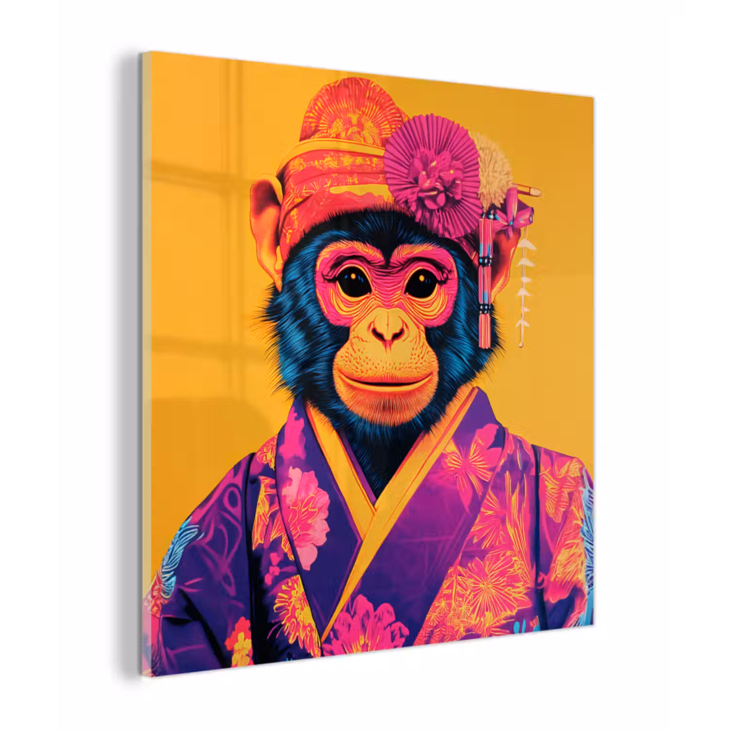 Glas schilderij - Aap - Kimono - Bloemen - Hoofdtooi