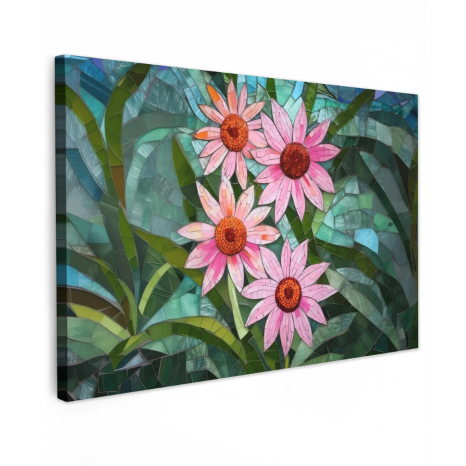 Bloemen - Roze - Glasmozaïek Tuinposter op houten frame 2 cm dik klein -3d