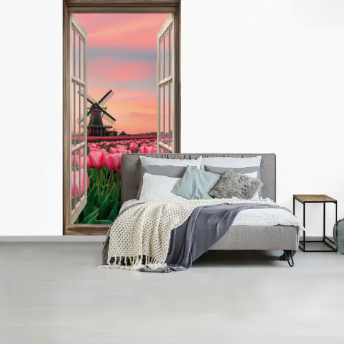 Doorkijk - Tulpen - Bloemen - Molen - Raam fotobehang vinyl groot -slaapkamer