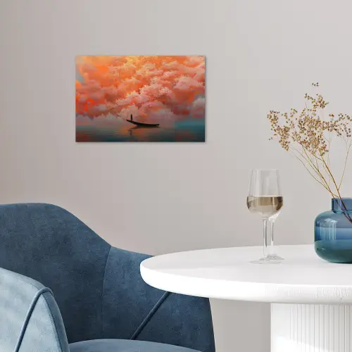 Zee - Boot - Wolken - Oranje poster papier klein -sfeer3