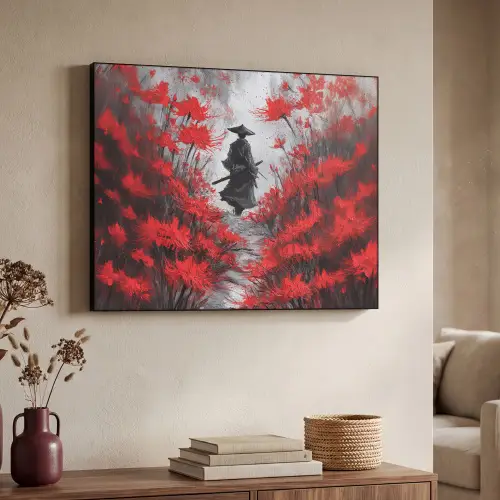 Rode bloemen - mistig - Man Textielframe zwart klein -sfeer3