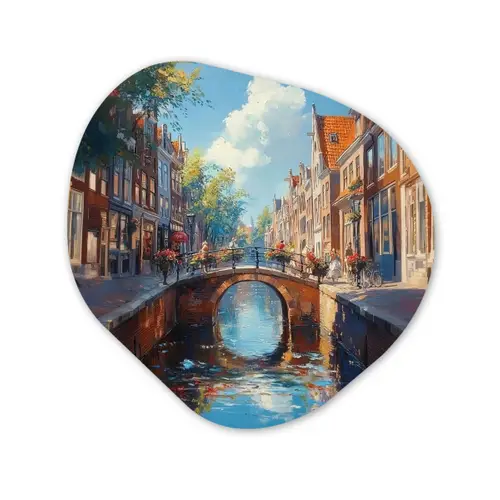 Stad - Gracht - Zon - Fietsen Wandcirkel Organisch Aluminium middel -3d