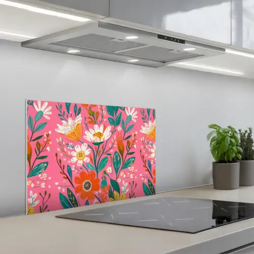 Roze - Bloemen - Wit - Oranje keuken achterwand spatscherm klein -3d_schuin