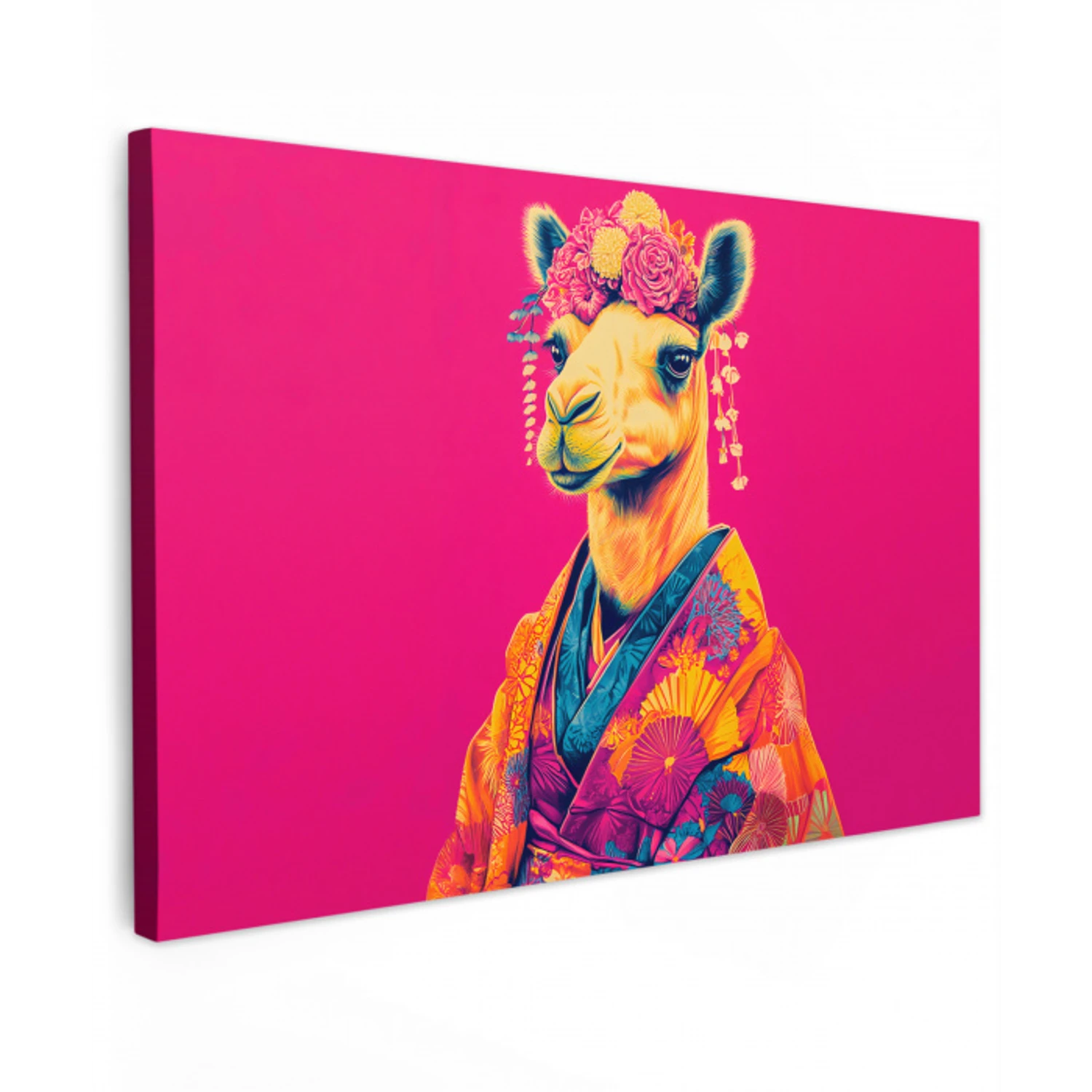 Kameel - Bloemen - Kimono - Waaiers Tuinposter op houten frame 2 cm dik klein -3d