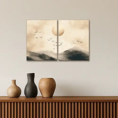 Landschap - Japandi - Beige - Vogels Canvas - Meerluiken 2 luik klein -sfeer3