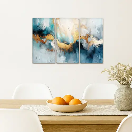 Blauw - Abstract - Wit - Goud - Verf Canvas - Meerluiken 3 luik klein -sfeer4