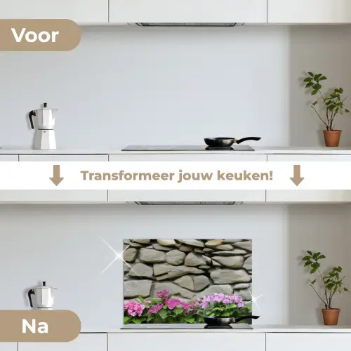 Hortensia’s - Stenen - Muur - Bloemen keuken achterwand spatscherm klein -voor_na_NL