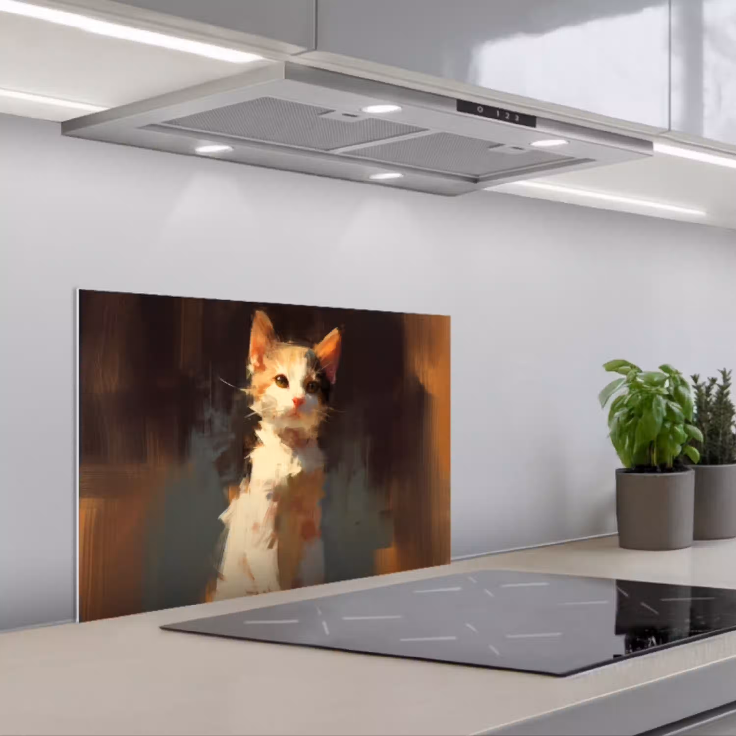 Kat - Geschilderd - Artistiek - Wit keuken achterwand spatscherm klein -3d_schuin