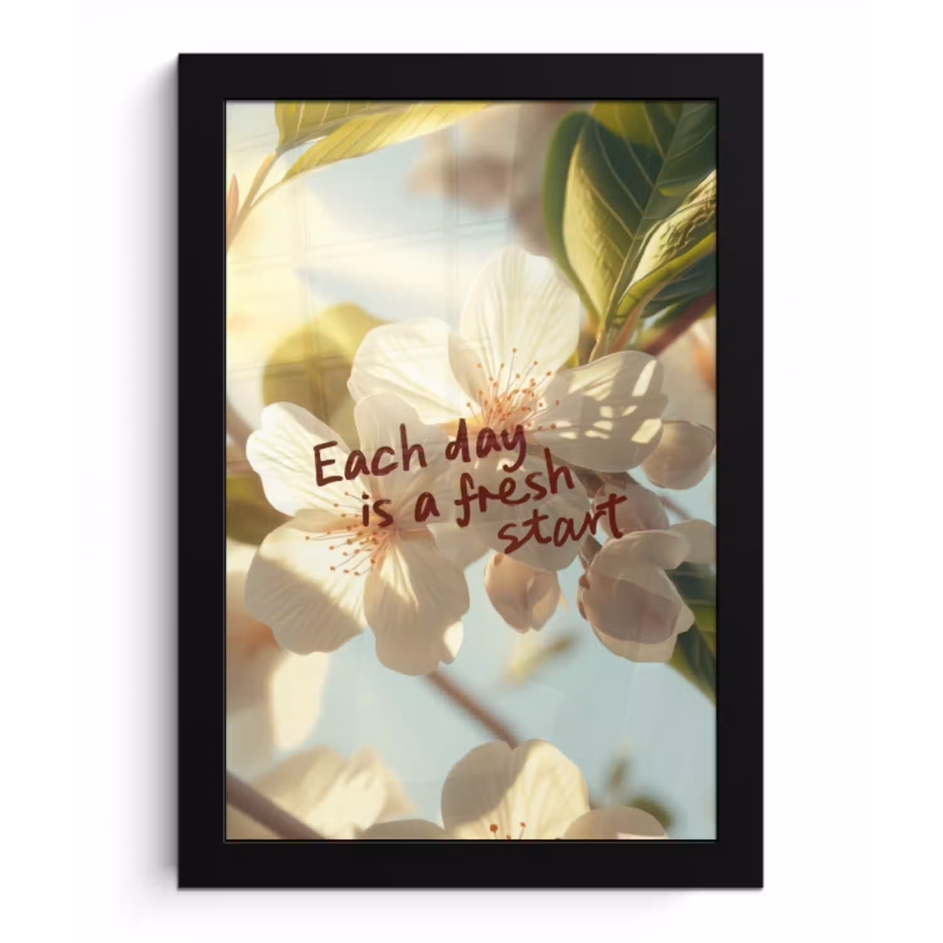 Bloesems - Zonlicht - Quote - Wit fotolijst zwart zonder passe partout klein -3d