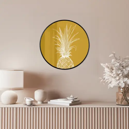 Lijnillustratie - Ananas - Bladkroon - Okergeel Fotolijst rond zonder passe partout klein -sfeer3
