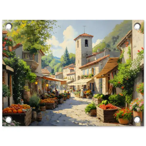 Dorp - Zon - Kraampjes - Huizen tuinposter los doek klein -3d