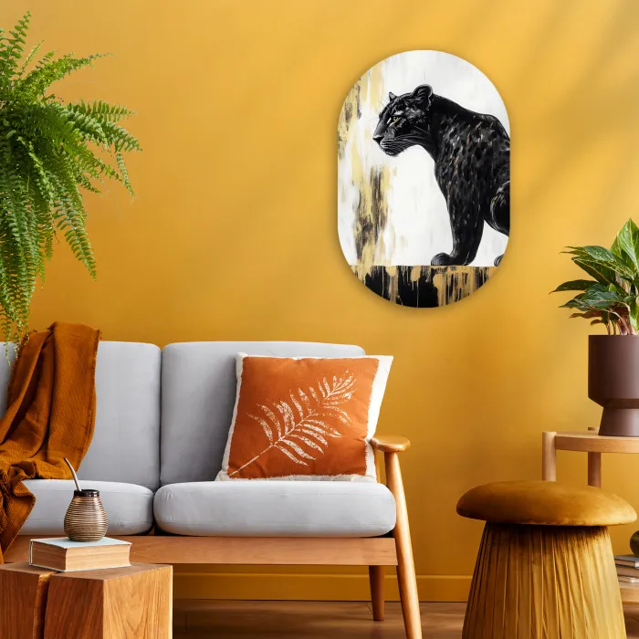 Panter - Zwart - Abstract - Goud Wandcirkel Ovaal Forex klein -sfeer4