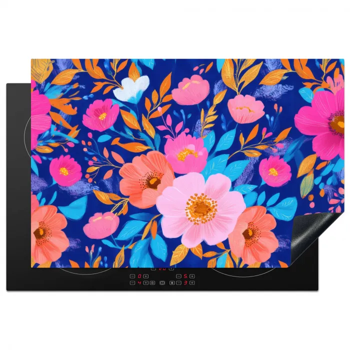 Bloemen - Blauw - Roze Inductie beschermer vinyl 3mm klein -3d