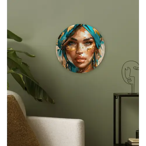 Vrouw - Portret - Goud - Luxe - Blauw Wandcirkel kunststof plaat 5mm dik klein -sfeer3