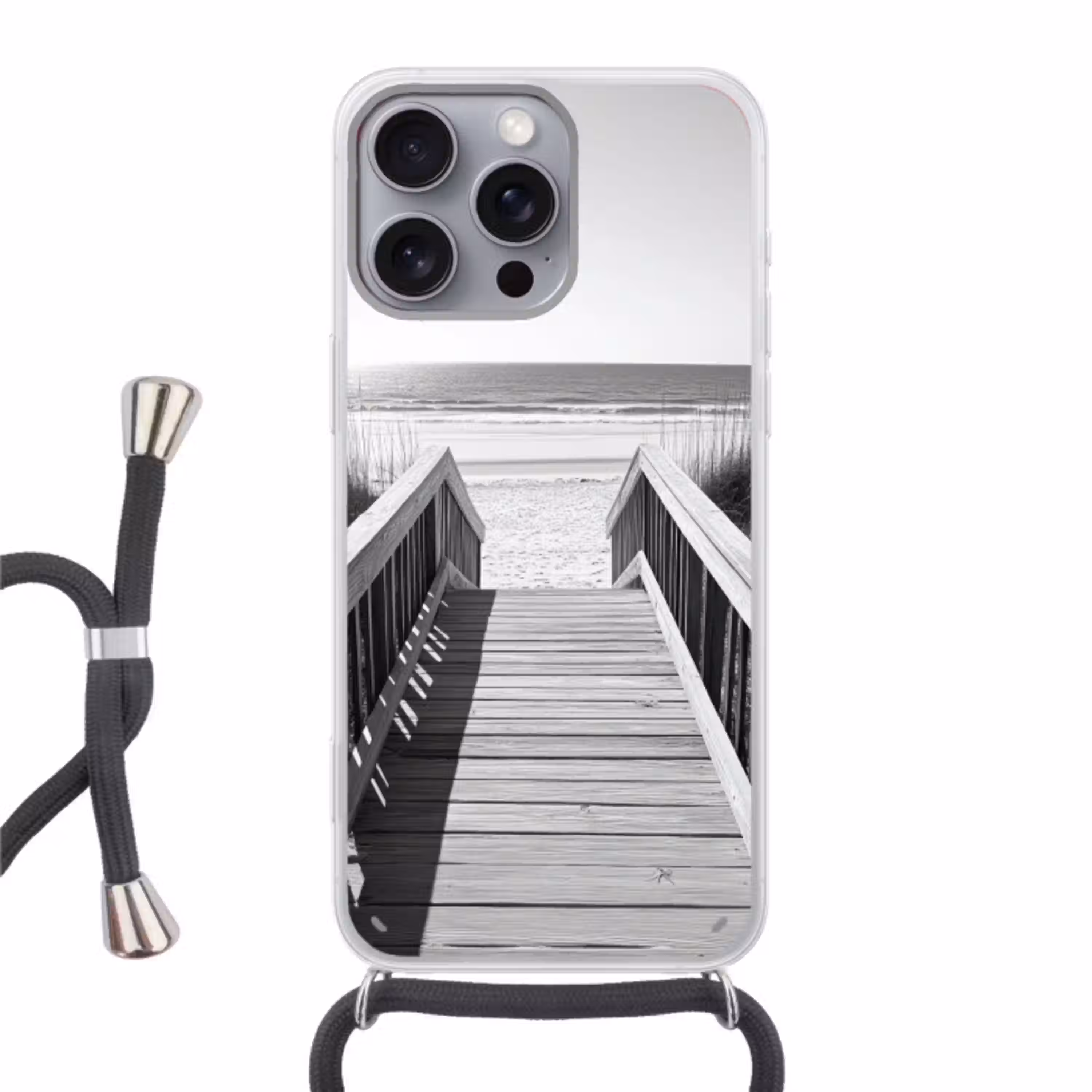 Loopbrug - Hout - Strand - Zee Hoesje iPhone 16 Pro Max met koord klein -3d