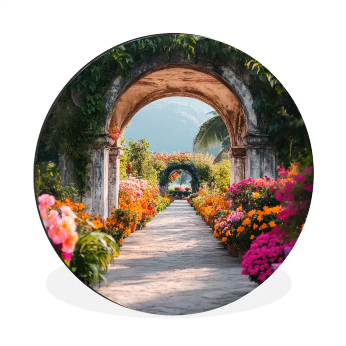 Doorkijk - Bloemen - Tropisch - Kleurrijk Wandcirkel aluminium klein -3d
