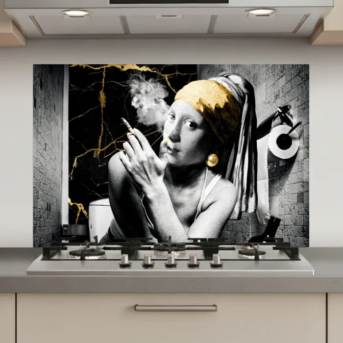 Marmerlook - Meisje met de parel - Sigaretten - Toilet - Goud - Kunst - Oude meesters keuken achterwand spatscherm klein -3d_website