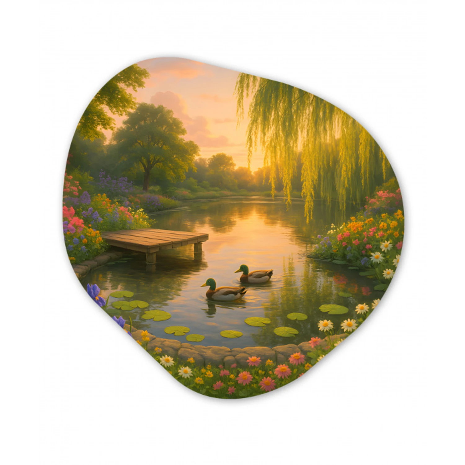 Eenden - Vijver - Bloemen Wandcirkel Organisch Forex 3mm klein -3d