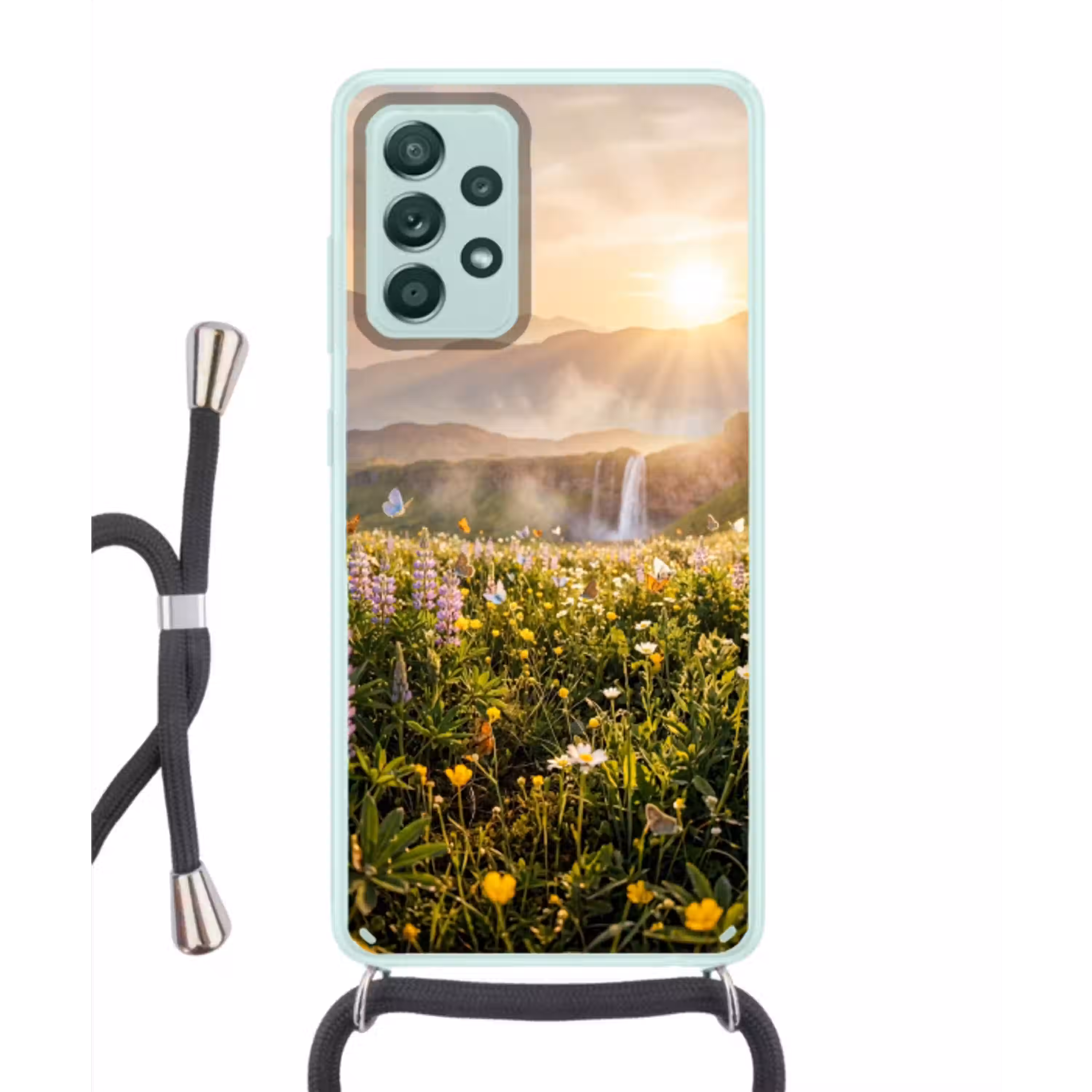 Vlinders - Waterval - Bloemenveld Hoesje Samsung Galaxy A52 met koord klein -3d