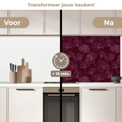 Bloemen - Patroon - Bordeauxrood keuken achterwand 2 middel 871 -voor-na2_NL