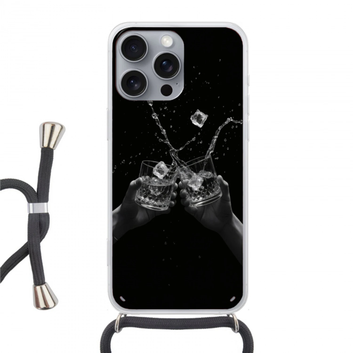 Whickyglazen - Ijs - Spetters - Zwart Hoesje iPhone 16 Pro Max met koord klein -3d