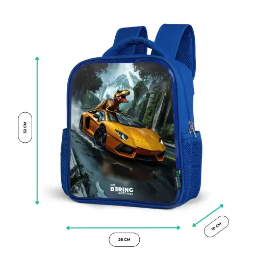 T-Rex op oranje sportauto in regenachtig woud Kinderrugzak - Blauw middel -productfoto_formaten