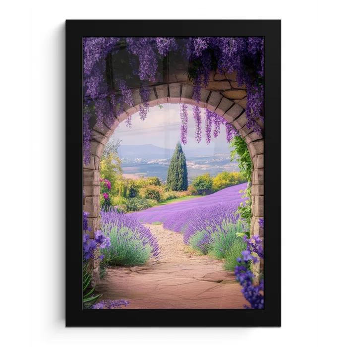 Doorkijk - Lavendel - Bloemen - Paars - Poort fotolijst zwart zonder passe partout klein -3d