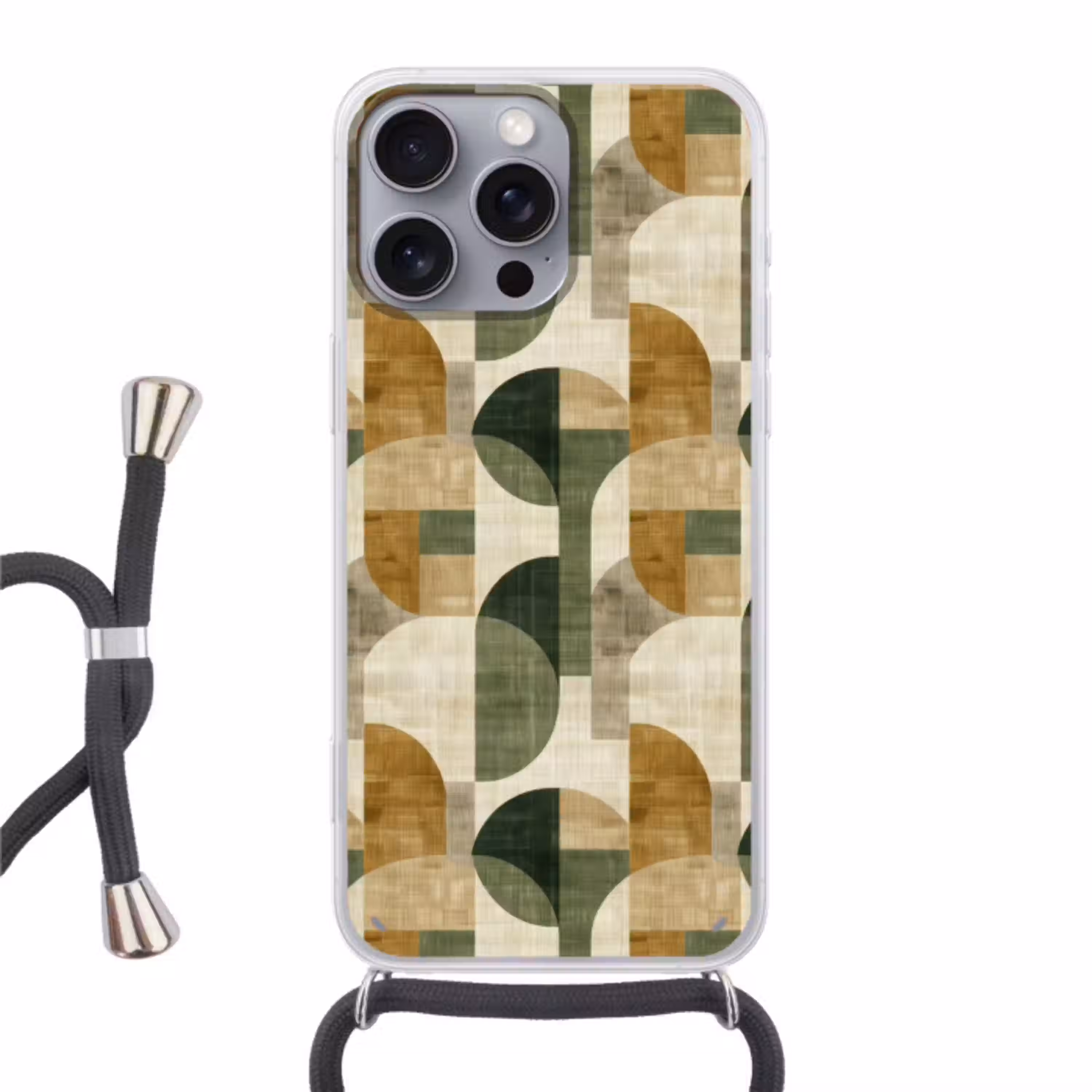 Olijfgroen - Geometrisch - Abstract - Mid-Century - Linnen - Patroon Hoesje iPhone 16 Pro Max met koord klein 804 -3d