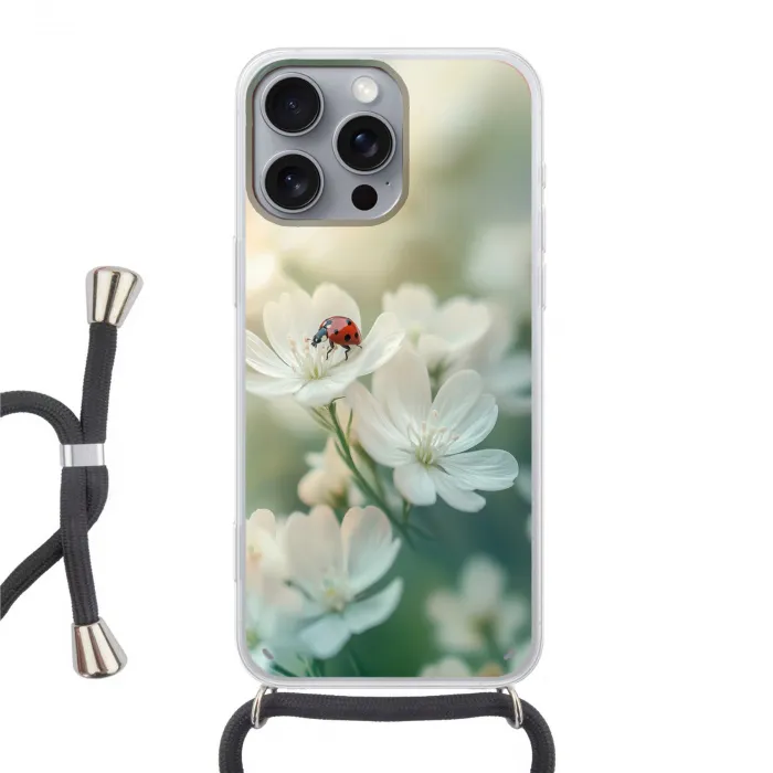 Lieveheersbeestje - Bloemen - Wit Hoesje iPhone 16 Pro Max met koord klein -3d
